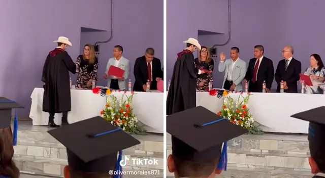 En las imágenes se ve al joven vestido con una toga negra levantándose de la silla mientras se saca el birrete para ponerse el sombrero de paja. En las imágenes se ve al joven vestido con una toga negra levantándose de la silla mientras se saca el birrete para ponerse el sombrero de paja.