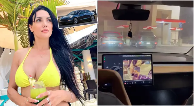 Rosángela Espinoza se muestra en carro marca Tesla tras rayón a su auto en Lima.