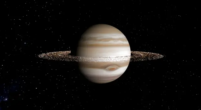 Representación artística de Júpiter con anillos que rivalizan con los de Saturno.