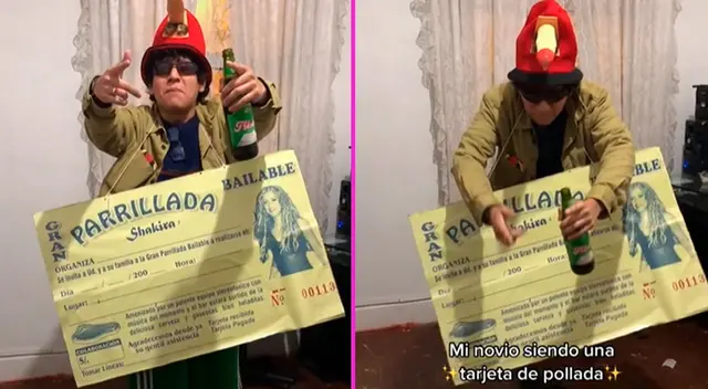 El joven sorprendió con su disfraz de tarjeta de pollada.