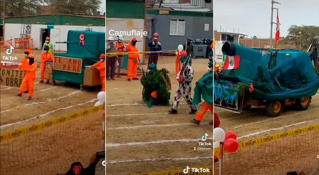 Obreros paralizaron las obras para hacer su propio desfile militar. Obreros paralizaron las obras para hacer su propio desfile militar.
