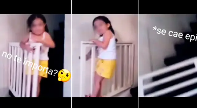 En las imágenes se puede ver que la niña se balancea en una reja de madera que está a la entrada de una escalera. En las imágenes se puede ver que la niña se balancea en una reja de madera que está a la entrada de una escalera.