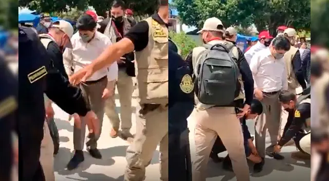 Pedro Castillo sufre percance y su seguridad lo ayuda en medio de un recorrido.