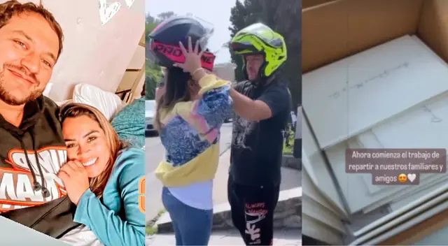 Ethel Pozo y su pareja reparten invitaciones en moto.