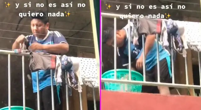 El hombre aprovechó el buen clima para tender la ropa de su novia.