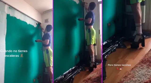 El joven se puso unos tacones altos para alcanzar la pared. El joven se puso unos tacones altos para alcanzar la pared.