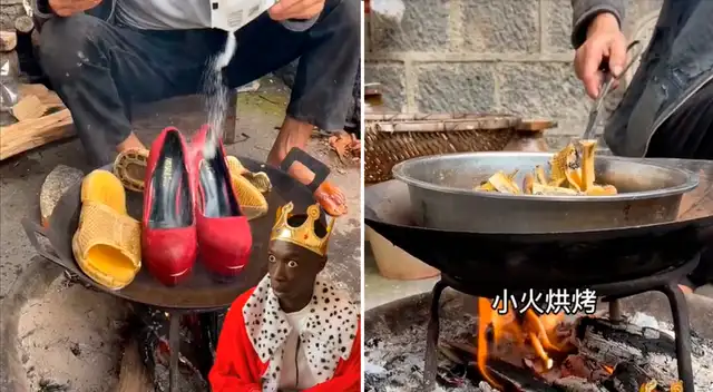 Hombre cocina zapatos en perol.