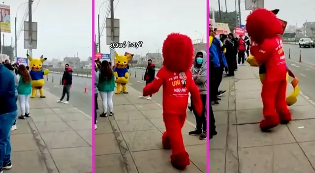 Elmo y Pikachu protagonizaron una feroz pelea en plena calle.