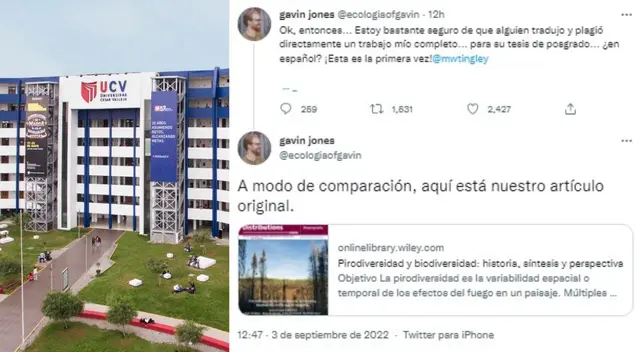 Dos tesistas de la Universidad César Vallejo (UCV) habrían realizado un plagio total de un artículo académico escrito en inglés para tu tesis en español.