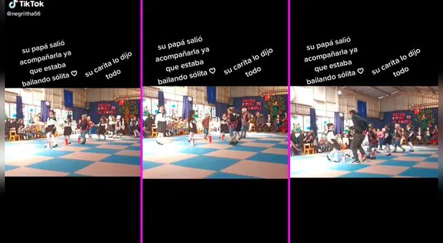 La niña estaba bailando sin un compañero, pero su padre salió a bailar con ella.