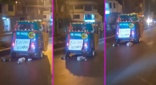 Los recién casados adornaron su mototaxi y se fueron rumbo a su luna de miel.