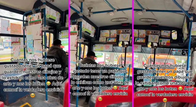 El chofer adornó todo el bus con los dibujos de su hija. El chofer adornó todo el bus con los dibujos de su hija.