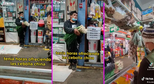 El joven llevaba al menos tres horas ofreciendo cebollas chinas en el mercado.