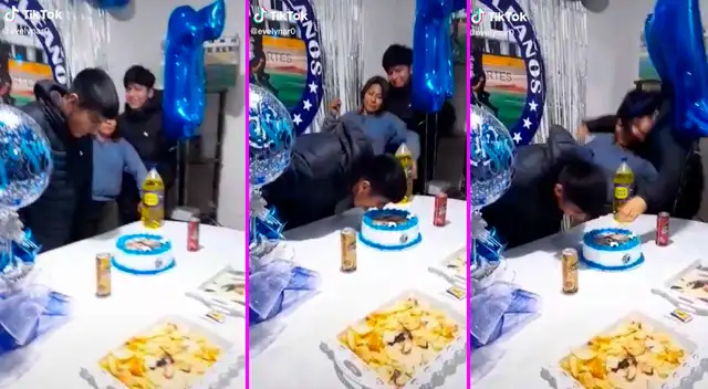 El joven estaba a punto de soplar su vela cuando intentaron empujarlo.