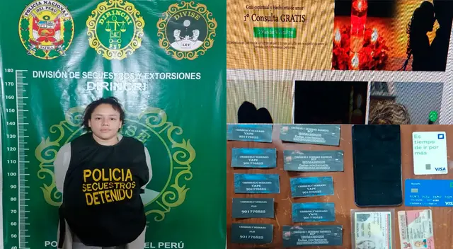 La detenida y las tarjetas que presentaba con los aplicativos para los depósitos de dinero