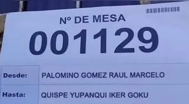 Peruano fue a votar, se encontró con un nombre llamado "Goku Quispe" en su mesa y lo subió a Twitter. Peruano fue a votar, se encontró con un nombre llamado "Goku Quispe" en su mesa y lo subió a Twitter.