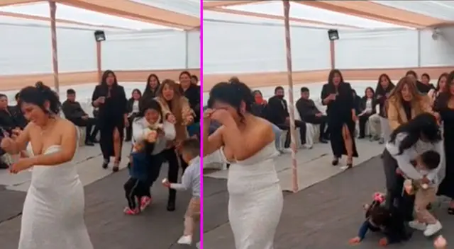 La mujer quiso agarrar el ramo de flores, sin imaginar que habría un niño por ahí.