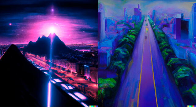 Imágenes creadas por Midjourney y DALL-E 2 con estilo Cyberpunk de algunas calles de la capital en 2050.    