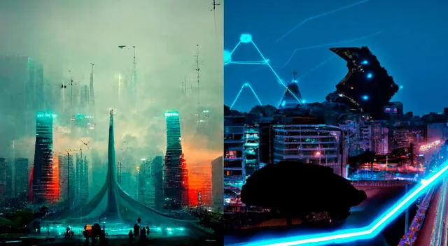  Imágenes creadas por Midjourney y DALL-E 2 con estilo Cyberpunk de algunas calles de la capital en 2050.    