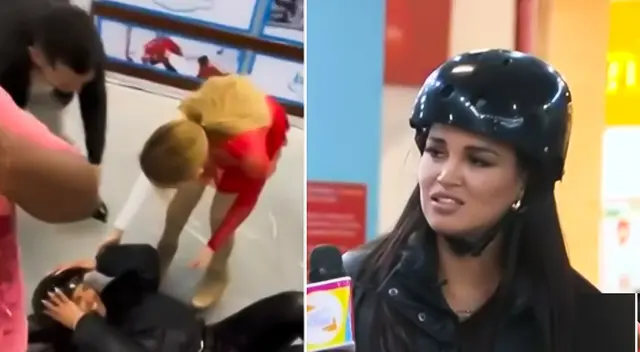Angie Arizaga tiene fuerte resbalón tras intentar hacer patinaje en hielo