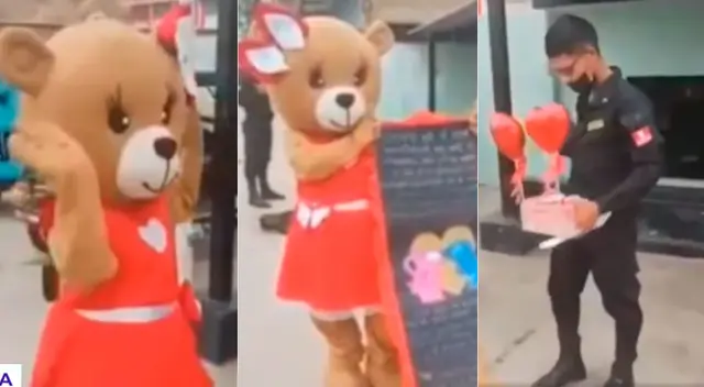 Valiente osita le pide el sí a su novio policía. Valiente osita le pide el sí a su novio policía.