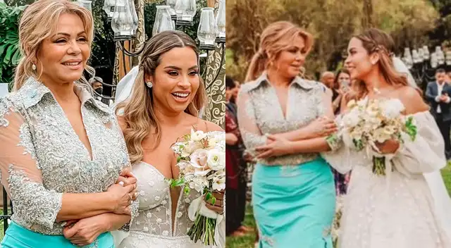 Ethel Pozo ingresa al altar acompañada de Gisela Valcárcel.