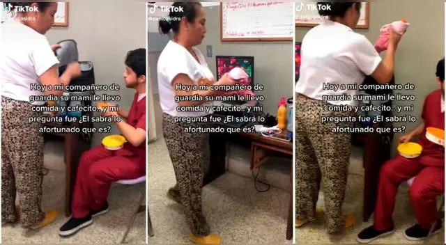 La mujer fue a llevarle una lonchera y café a su hijo, quien se quedaba de guardia en el hospital, y es viral en TikTok.