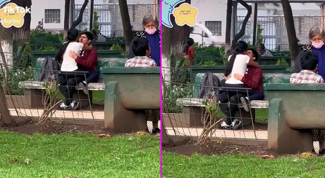 La pareja aprovechó la sillas de un parque para dar rienda suelta a su amor. La pareja aprovechó la sillas de un parque para dar rienda suelta a su amor.