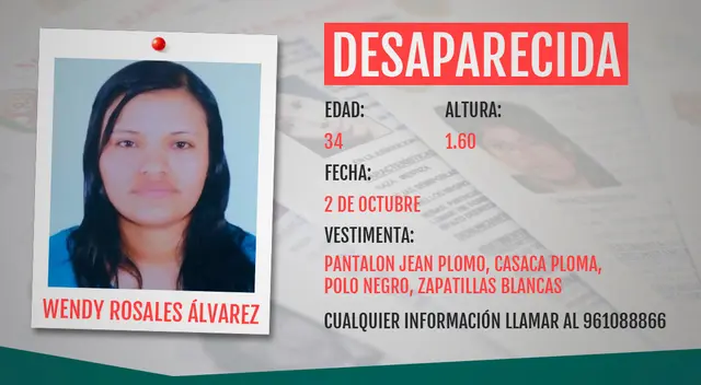 Wendy Lessly Rosales Álvarez (34) se encuentra desaparecida desde el pasado 2 de octubre. Wendy Lessly Rosales Álvarez (34) se encuentra desaparecida desde el pasado 2 de octubre.