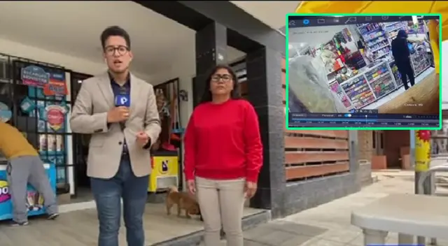 Dueña del local siendo entrevistada y encapuchado dejando el morral Dueña del local siendo entrevistada y encapuchado dejando el morral