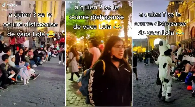 El señor se disfrazó de la Vaca Lola y se 'roba' el show en plaza de Armas de Arequipa con su singular vestimenta.