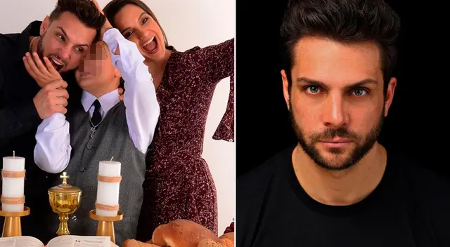 Nicola Porcella feliz por la primera comunión de su hijo.