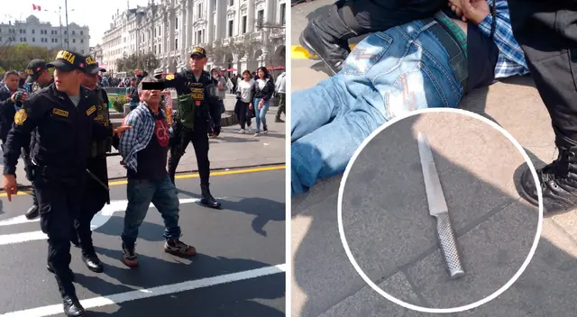 El hombre fue detenido cuando intentaba atacar con cuchillo a los manifestantes que respaldan al gobierno de Pedro Castillo. El hombre fue detenido cuando intentaba atacar con cuchillo a los manifestantes que respaldan al gobierno de Pedro Castillo.