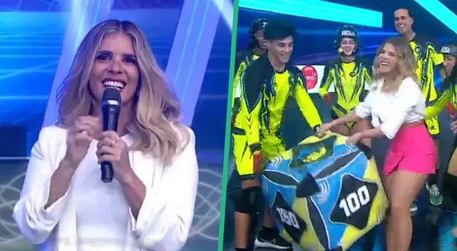 es guerra: Johanna San Miguel intenta lanzar dado de los 'guerreros', pero casi termina en el suelo EN VIVO