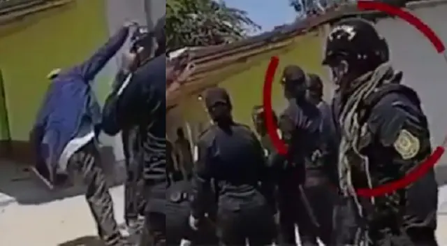 Hombre siendo golpeado a la izquierda y policía agresor a la derecha Hombre siendo golpeado a la izquierda y policía agresor a la derecha