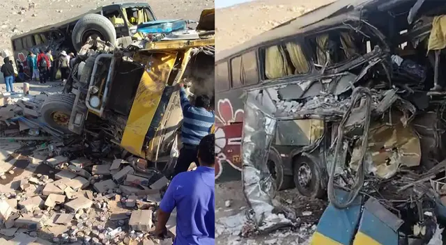 Accidente de tránsito en Arequipa, dejó a un bus interprovincial  y un camión completamente destruidos.