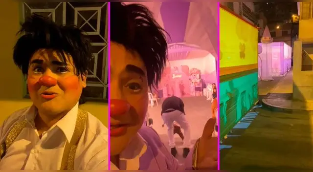 El payasito no sabía a qué fiesta ingresar ya que habían tres toldos para cumpleaños.