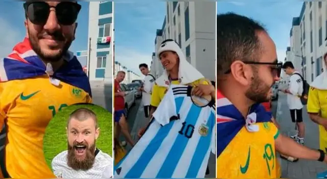 El hincha australiano preguntó a un comerciante en Doha si tiene camisetas de la selección peruana.
