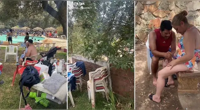 La pareja fue captada en una peculiar escena antes de que la mujer se meta a la piscina y es viral en TikTok. La pareja fue captada en una peculiar escena antes de que la mujer se meta a la piscina y es viral en TikTok.