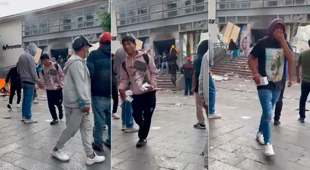 Delincuentes quemaron la puerta del local de Movistar y causaron el pánico.