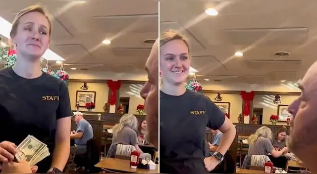 La mesera embarazada agradeció el gesto del señor y se dieron un abrazo en Estados Unidos. La mesera embarazada agradeció el gesto del señor y se dieron un abrazo en Estados Unidos.