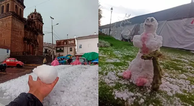 Cusqueños aprovecharon la granizada para realizar muñecos. Cusqueños aprovecharon la granizada para realizar muñecos.
