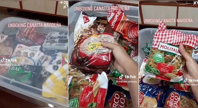 La joven mostró todos los productos que le dieron en su centro de trabajo por Navidad.