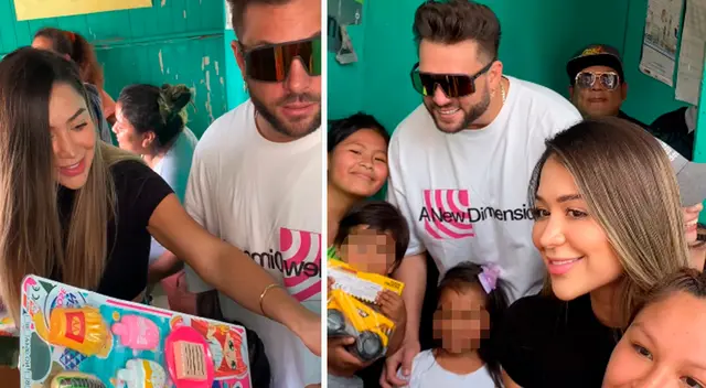 Nicola Porcella y Alexandra Méndez llevaron chocolatada a niños.