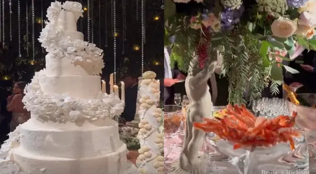 El lujoso buffet de langostinos y la enorme torta de ocho pisos. El lujoso buffet de langostinos y la enorme torta de ocho pisos.