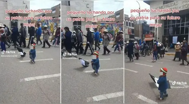 Un niño fue captado marchando junto a los manifestantes y escena genera polémica en TikTok. Un niño fue captado marchando junto a los manifestantes y escena genera polémica en TikTok.