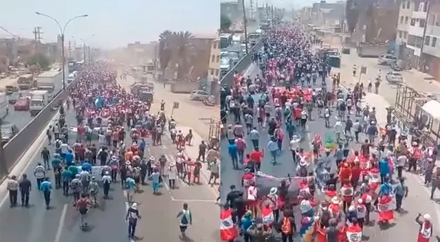 Los manifestantes vienen ocupando los tres carriles de la vía, obstaculizando el tránsito vehicular.