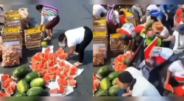 Manifestantes entregan frutos en rodaja a asistentes de la marcha.
