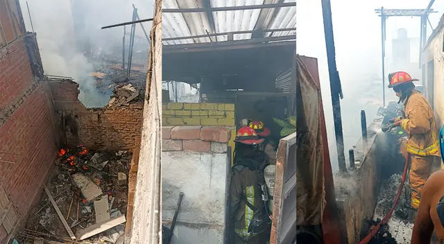 Bomberos intentan apagar el fuego que se originó en la habitación de una quinta en Breña.