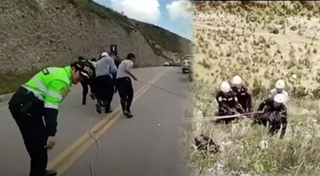 Efectivos policiales rescatando cuerpo de suboficial fallecida tras caer a abismo Efectivos policiales rescatando cuerpo de suboficial fallecida tras caer a abismo